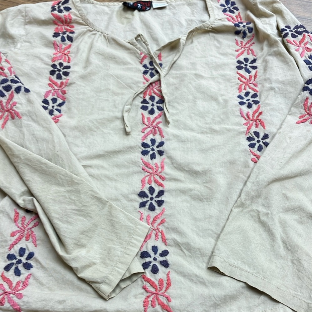 Funky People Beige Top with Pink and Navy Embroidery